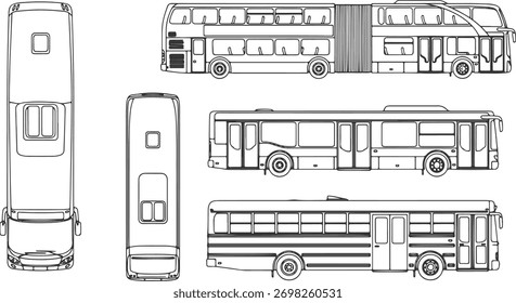 CAD-Zeichnungen. Draufsicht auf verschiedene Busse einzeln auf weißem Hintergrund. Vektorgrafik