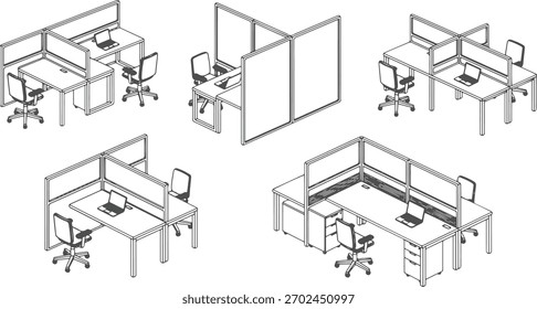 CAD Drawings. Top view of different office workstation sets — desk, swivel chair, laptop, partitions. Vector illustration
