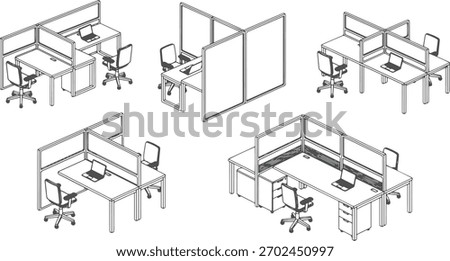 CAD Drawings. Top view of different office workstation sets — desk, swivel chair, laptop, partitions. Vector illustration