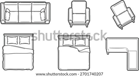 CAD Drawings. Top view of single furniture items — sofa, armchair, dining chair, bed, desk. Vector illustration