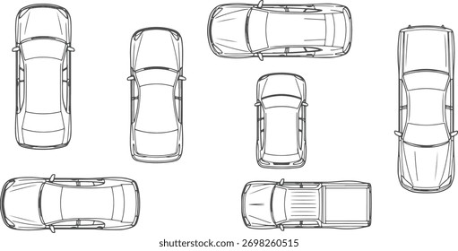 Dibujos CAD. Vista superior de varios coches aislados sobre fondo blanco. Ilustración vectorial