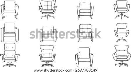 CAD Drawings. Various armchairs front elevation view isolated on white background. Vector illustration