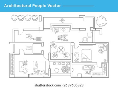 CAD Drawings. Vector interior, living room illustration, top view, human sit on sofa, spring bed, etc. Minimal style hand drawn. Floor Plans vector