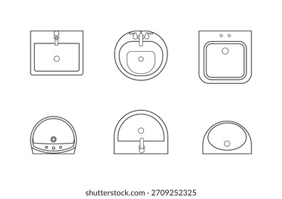 Desenhos CAD. Vista de cima. Conjunto de pias de cerâmica, pias de banheiro. Para a concepção de edifícios e estruturas