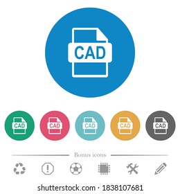 CAD file format flat white icons on round color backgrounds. 6 bonus icons included.