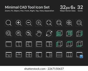 Iconos CAD 07 Dark Zoom Ajustar Objeto Pan Vista Superior Derecha Separación 