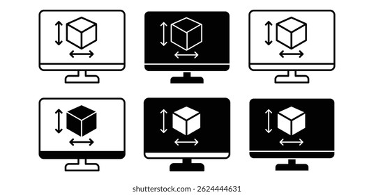 CAD Monitor Icons Showing Isometric Cube Black and White Color Vector Design Illustration