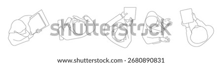 CAD outline floor plans drawing mapping architectural elements of top view business people holding documents and tablets corporate set illustration
