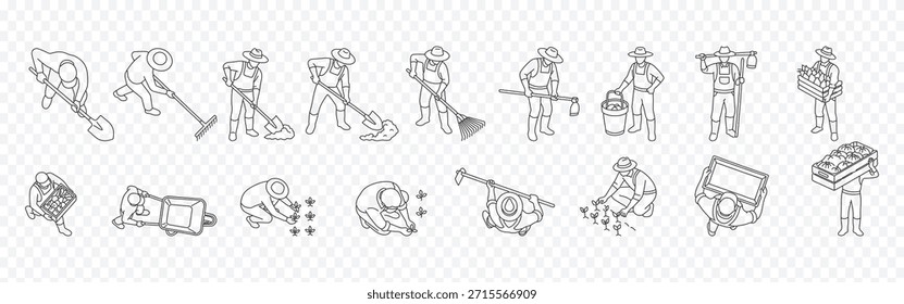 Conjunto de ícone de linha de desenho de vetor de jardinagem e agricultor de estilo CAD - símbolos de contorno editáveis de agricultura, plantio, colheita, ancinho, rega e transporte produzem figuras de contorno