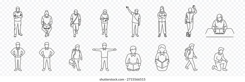 CAD style people vector drawing line icon set – editable outline symbols of office worker, student, reading, standing, sitting, walking, and gesture outline figures