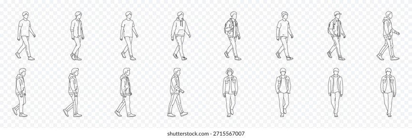 CAD style walking people vector drawing line icon set – editable outline symbols of casual, urban, pedestrian, jacket, backpack, and street style outline figures