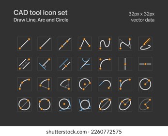 Juego de iconos de herramientas CAD para el modo Oscuro. Dibujar línea, arco y círculo