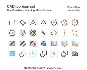 CAD tool icon set for light mode. Box, Primitives, hatching, Mask, Boolean