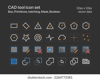 Juego de iconos de herramientas CAD para el modo de luz. Box, Primitives, hatching, Mask, Boolean
