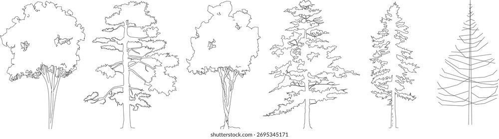 cad tree line drawing, Side view, set of graphics trees elements outline symbol for architecture and landscape design drawing. Vector illustration
