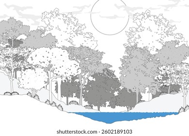 Cad tree line minimal style, set of graphics trees elements outline symbol for architecture and landscape design drawing. Vector illustration.
