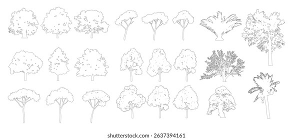 Cad tree line minimal style, set of graphics trees elements outline symbol for architecture and landscape design drawing. Vector illustration.	