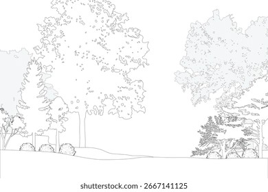 Cad tree line minimal style, set of graphics trees elements outline symbol for architecture and landscape design drawing. Vector illustration.	