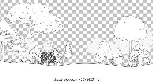 Cad tree line minimal style, set of graphics trees elements outline symbol for architecture and landscape design drawing. Vector illustration.