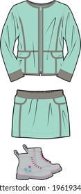 CAD Vector illustration of women's casual clothes Jacket, skirt and shoes.