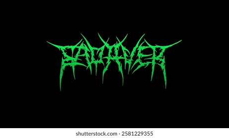 Cadaver, vector typography in extreme metal style lettering with sharp, thorny edges. The neon green text contrasts against a dark background, creating a death metal aesthetic