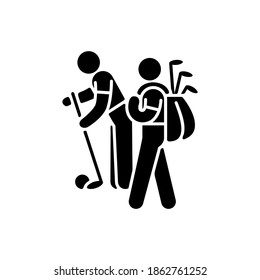 Caddy black glyph icon. Providing support to professional golf players. Caddie-master. Ensuring companionship. Carrying players bag. Silhouette symbol on white space. Vector isolated illustration
