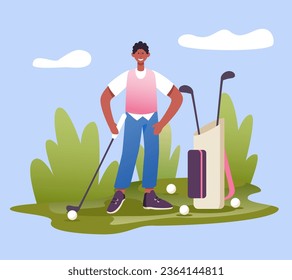 Caddy standing near bag with clubs. Sporty and active lifestyle. Concept of playing golf. Flat vector illustration in cartoon style in blue and green colors