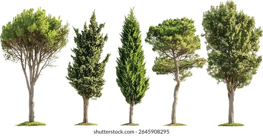 Cade zimbro, Juniperus oxycedrus espinhoso cedro, árvore de rua conjunto isolado recorte, ensolarado exterior, arquitetura de paisagem, Mediterrâneo evergreen, ilustração vetorial.