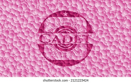Emblema rosa cadete con fondo de burbujas. Ilustración vectorial. Detallado. 
