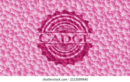 Cadge pink emblem with bubbles background. Vector Illustration. Detailed. 