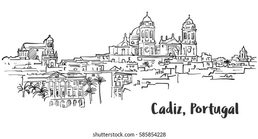 Cadiz Ancient Panorama Artprint, Hand-drawn Vector Outline Sketch