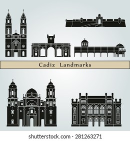 Cadiz landmarks and monuments isolated on blue background in editable vector file