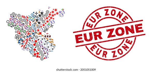 Cadiz Province map collage and EUR Zone red round stamp print. EUR Zone stamp uses vector lines and arcs. Cadiz Province map collage includes helmets, homes, wrenches, suns, wine glasses,
