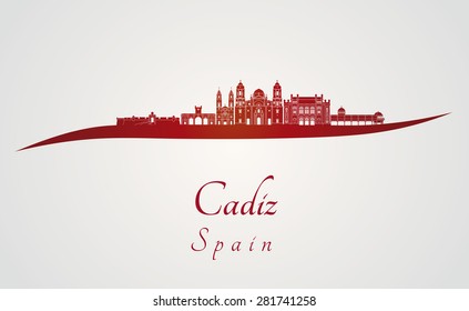 Cadiz skyline in red and gray background in editable vector file