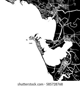 Cadiz Vector Map, Artprint. Black Landmass, White Water and Roads.