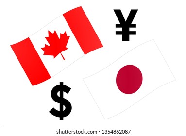 CADJPY forex currency pair vector illustration. Canadian and Japanese flag, with Dollar and Yen symbol.