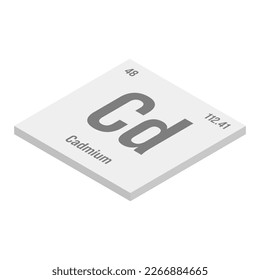 Cadmium, Cd, gray 3D isometric illustration of periodic table element with name, symbol, atomic number and weight. Heavy metal with limited industrial uses due to its toxicity, but commonly used in