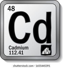 Cadmium or Cd periodic table element icon on silver metallic button vector illustration. 3d sticker with soft shadow for chemical product label or digital web page graphic design element.