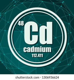 Cadmium chemical element. Sign with atomic number and atomic weight. Chemical element of periodic table. Molecule And Communication Background. Connected lines with dots.