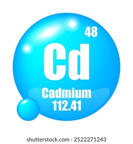 Cadmium icon. Cd chemical element. Atomic number 48. Mass 112.41. Blue sphere.