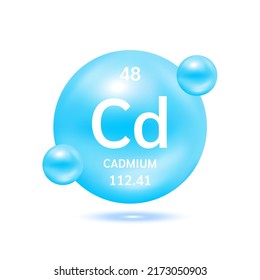 Cadmium molecule models blue and chemical formulas scientific element. Natural gas. Ecology and biochemistry concept. Isolated spheres on white background. 3D Vector Illustration.