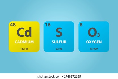 Cadmium Sulfate CdSO3 molecule. Simple molecular formula consisting of Cadmium, Sulfur, Oxygen elements. Chemical compound simplified structure on blue background, for chemistry education
