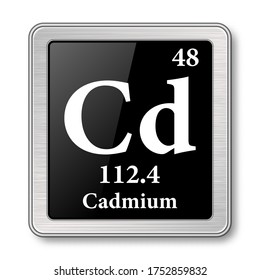 Cadmium symbol.Chemical element of the periodic table on a glossy black background in a silver frame.Vector illustration.