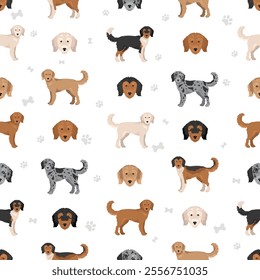 Cadoodle seamless pattern. Rough Collie Poodle mix. Different coat colors set.  Vector illustration