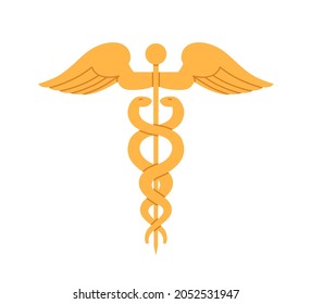 Caduceus, ancient gold symbol of medicine and health. Golden pole with wings and snakes. Roman serpents around metal rod. Flat vector illustration isolated on white background