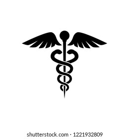 Caduceus black isolated vector icon. Symbol of medicine icon. Tangled snakes and wings caduceus vector medical logo.