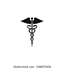 Caduceus black isolated vector icon. Symbol of medicine icon. snakes and wings caduceus vector medical logo design.