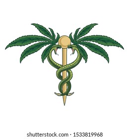 Caduceus, Cannabis, Medicine, Pharmacy, Zeichen, Verschreibungsmedizin, Gesundheit und Medizin, Vektorgrafik-Druck