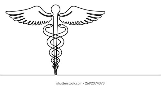  caduceus desenho contínuo de uma linha, Caduceus arte de linha única, desenho contínuo de uma linha de isolada ilustração de vetor contorno. 