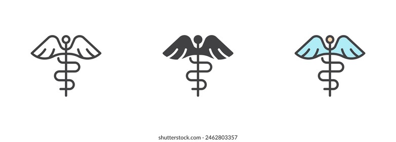 Caduceus different style icon set. Line, glyph and filled outline colorful version, outline and filled vector sign. Snake and wings medical symbol, logo illustration. Vector graphics